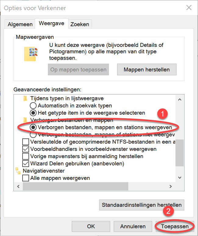 Opties voor Verkenner - Verborgen mappen bestanden stations weergeven